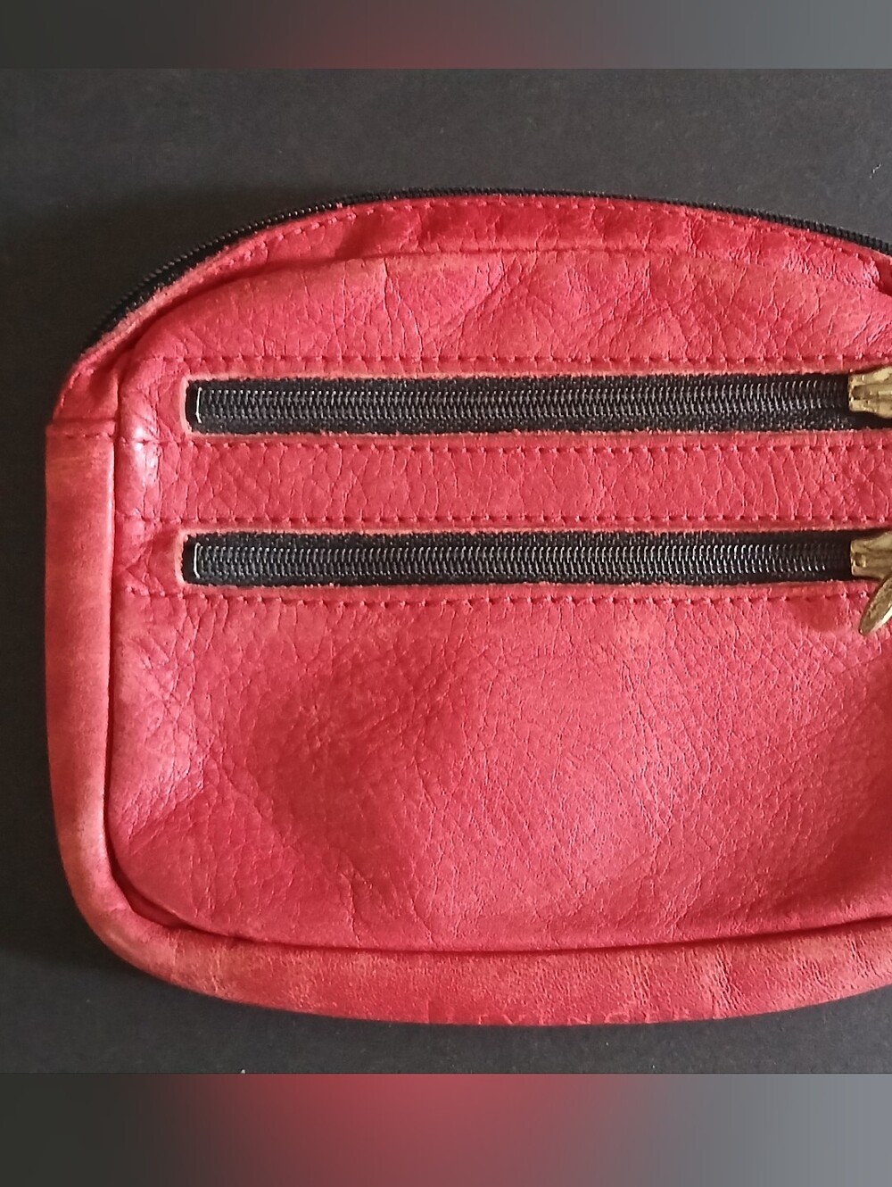Compact Red Double-Zip Cosmetic Pouch, Wallet, Levenger, Leather